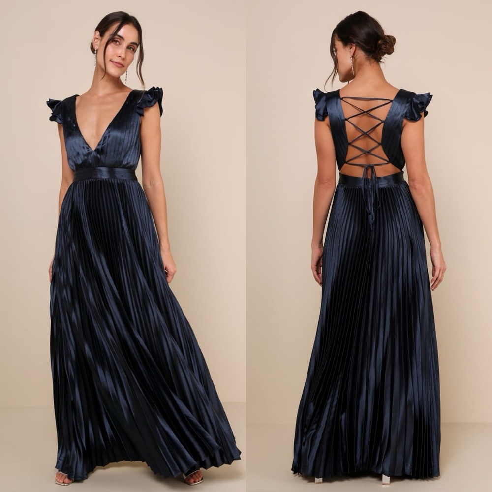 Lulus Exceptional Drama Navy Blue Satin Lace-Up Pleated Maxi Dress